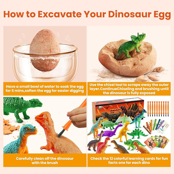 Dino Eggs Excavation Dig Kit-12 Unique Dinosaur Eggs with Educational Learning Cards -Easter Eggs STEM Science Activities - Educational Toy Gift for Kids Boys Girls Age 3+-CubbioJoy