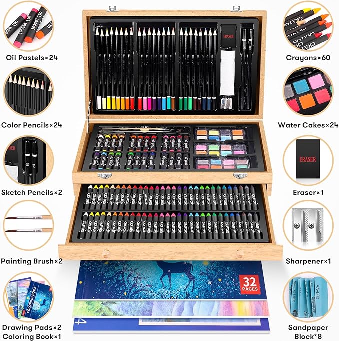 Art Supplies, iBayam 150-Pack Deluxe Wooden Art Set Crafts Drawing Painting Kit with 1 Coloring Book, 2 Sketch Pads, Creative Gift Box for Adults Artist Beginners Kids Girls Boys-CubbioJoy