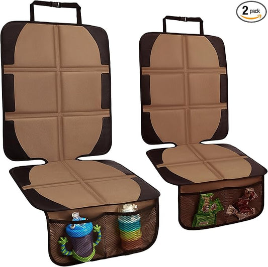 Car Seat Protector, 2 Pack Baby CarSeat Covers with Mesh Pockets & Non-Slip Backing 600D Durable Seat Protectors Under Car Seat for Baby (Black & Brown, Large)-CubbioJoy