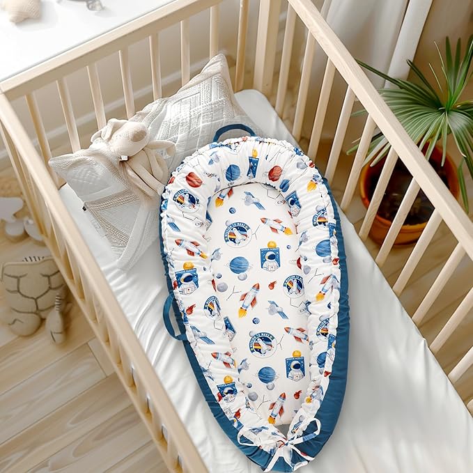 Baby Lounger Cover for Boys Girls, Reversible Baby Nest Cover, Adjustable Baby Lounger Replaceable Cover for Infant Newborn, Portable and Machine Washable, Cotton Blue Rocket Cover Only-CubbioJoy