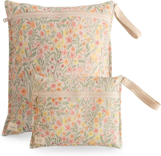 mushie Water Resistant Wet Bags | Large & Small Reusable Storage Bag for Baby Items and Travel | Zippered Pockets with Handle | Machine Washable, Set of 2 (Pastel Blooms)-CubbioJoy