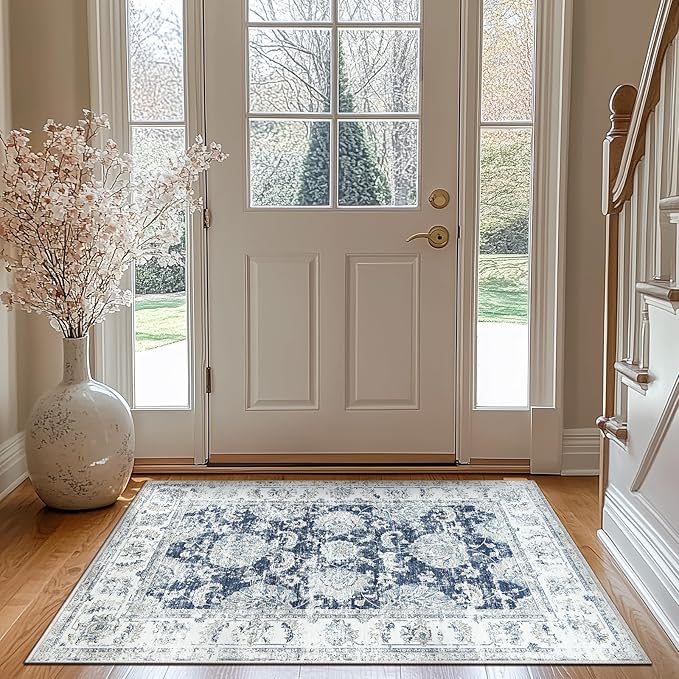 jinchan Floral 3x5 Area Rugs for Entryway - Machine Washable Taupe Vintage Distressed Design Doormat Non-Slip Ultra-Thin Low Pile Boho Rug for Kitchen Living Room Bedroom Farmhouse (3‘x5',Dark Blue)-CubbioJoy