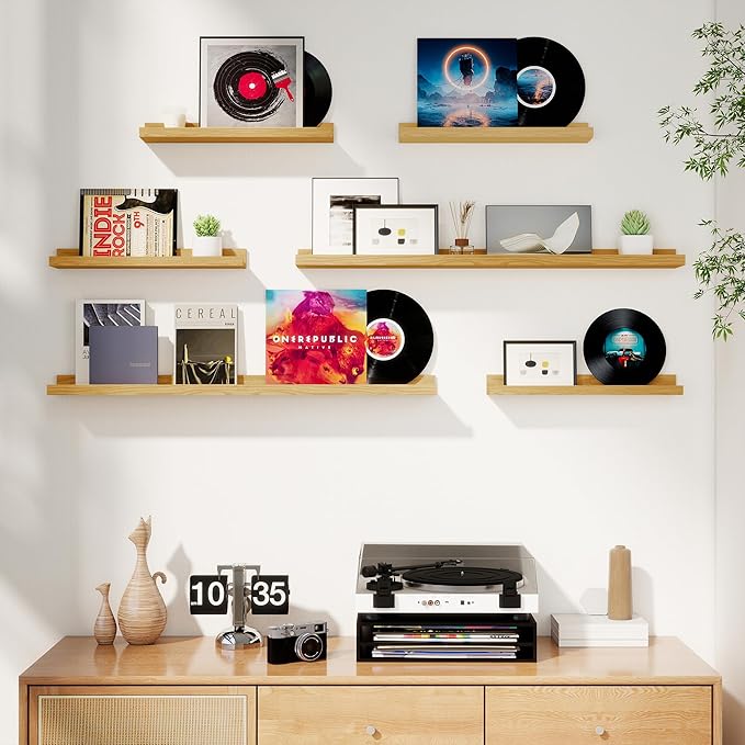 Axeman Picture Ledge Shelf, Floating Shelves for Wall Decor Storage Set of 6, 16 inch Floating Wall Mounted Shelves, Wall Shelves with Lip for Living Room, Bedroom, Nursery, Bathroom, Kitchen, Oak-CubbioJoy