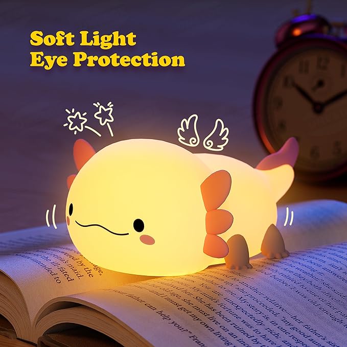 UNEEDE Axolotl Night Light for Kids,Animal Silicone Nursery Night Lamp, Rechargeable Table Lamp Bedside Lamp,Cute Room Decor Night Light for Bedroom,Living Room,Dining,Desk Decorations,Gift-CubbioJoy