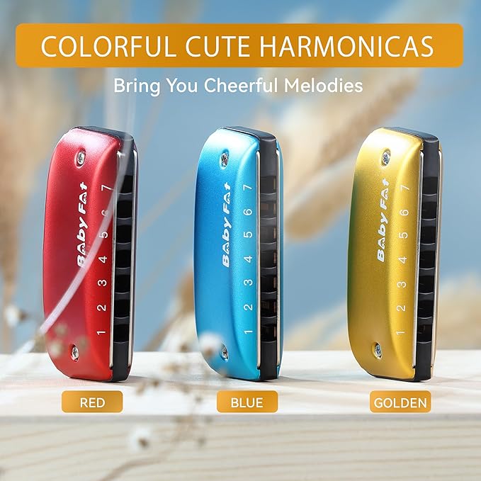 BabyFat 7 Hole Blues Mini Harmonica Set,Diatonic Harmonica with free lanyards,Gifts for Professional Players and Beginners,Easy-playing Musical Instrument(Key of G）-CubbioJoy