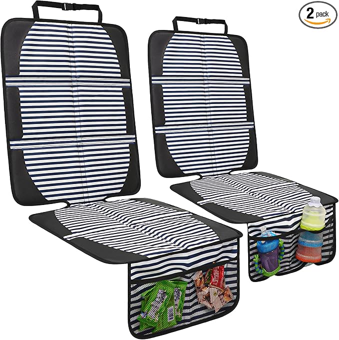 Car Seat Protector for Child Car Seat, 2 Pack Baby Car Seat Covers with Mesh Pockets & Non-Slip Backing 600D Durable Seat Protector Under Baby Car Seat for Car Back Seat (Stripe, Large)-CubbioJoy