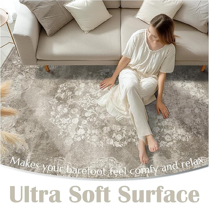 jinchan Washable Area Rug 8x10 for Living Room - Soft Faux Wool Ultra-Thin Stain Resistant Non-Slip Distressed Vintage Floral Large Carpet for Bedroom,Dining Room,Home Office,Nursery(Brown, 8'x10')-CubbioJoy