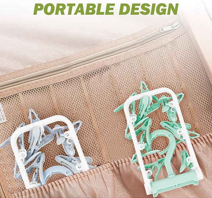 Clothes Drying Hanger with 12 Clips, 2 Pack Folding Portable Hanging Drying Rack,Drip Foldable Hanging Rack, 360° Rotatable Hook for Drying Towels Bras Baby Clothes Gloves Plastic(Blue&Green)-CubbioJoy
