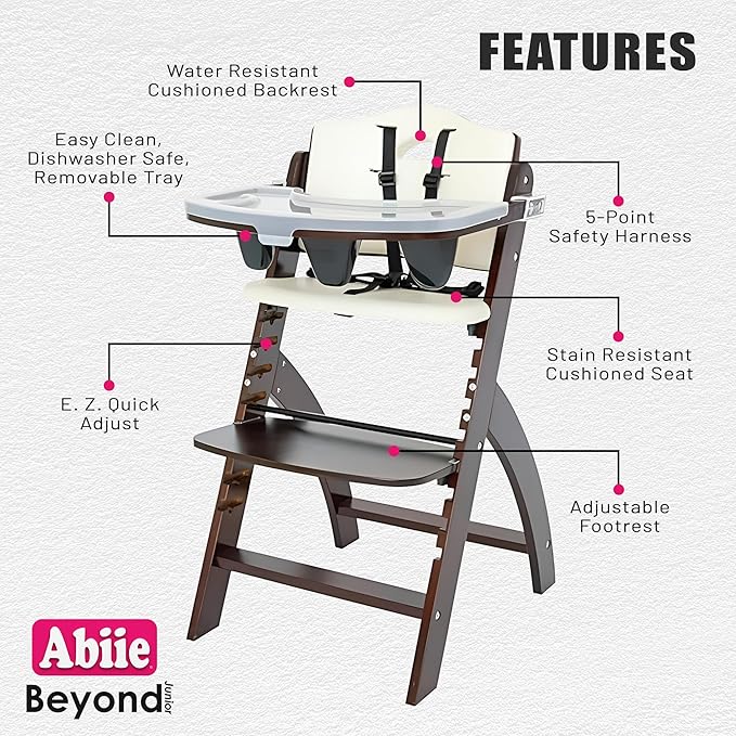Abiie Beyond Junior Wooden High Chair with Tray - Adjustable and Convertible High Chair for Babies and Toddlers - 6 Months to 250 Lb - Water Resistant - Mahogany Wood/White Cushion-CubbioJoy