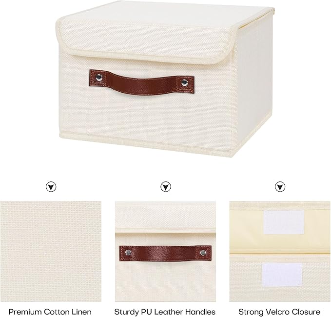 ANMINY 2PCS Storage Bins with Lid PU Leather Handles Storage Boxes PP Plastic Board Decorative Foldable Lidded Cotton Linen Fabric Home Cubes Baskets Closet Organizer Containers - Beige, Small Size-CubbioJoy