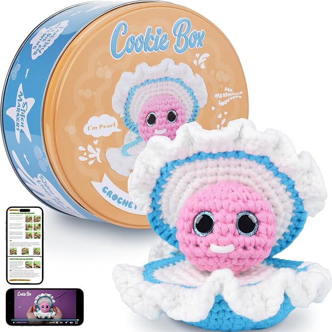 Cookie Box Crochet Kit for Beginners - Learn to Craft Amigurumi Stuffed Animals - Knitting Gift for Kids and Adults - Beginner-Friendly Yarn - Stitch-by-Stitch Video Tutorial - Oyster Pearl-CubbioJoy