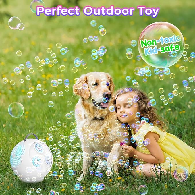 Bubble Machine Automatic Bubble Blower for Kids Toddlers Rechargeable Portable Spherical LED Bubble Maker Electric Auto Rotating 45°/360° Outdoor Toy Birthday Party Wedding (Spherical White)-CubbioJoy