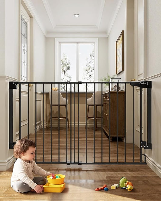 Cumbor 31.6-48" No Bottom Bar Baby Gate for Stairs, 2-in-1 Auto Close Dog Gate Indoor, Hardware Mounted Pet Gate for Doorways with Large Walk Thru Door, Child-Proof Safety Gate for Kids (Black)-CubbioJoy