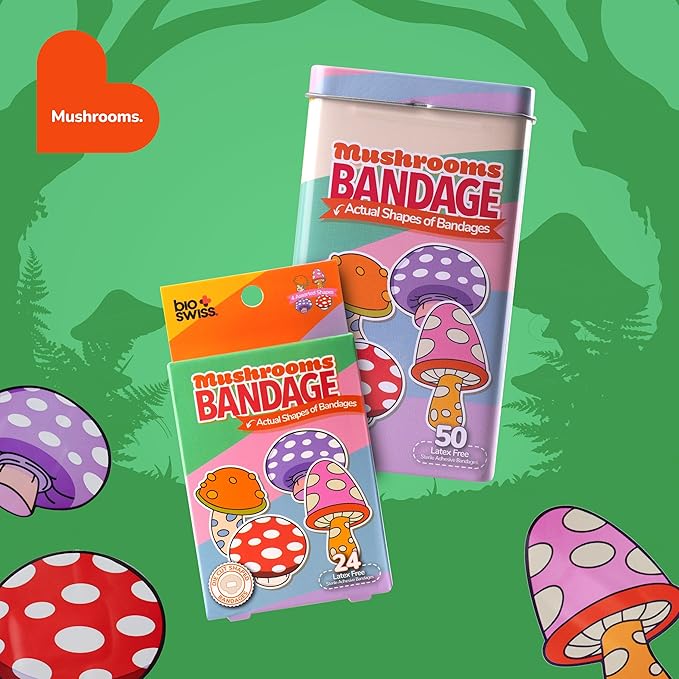 BioSwiss Bandages, Mushroom Shaped Self Adhesive Bandage, Latex Free Sterile Wound Care, Fun First Aid Kit Supplies for Kids and Adults, 50 Count-CubbioJoy