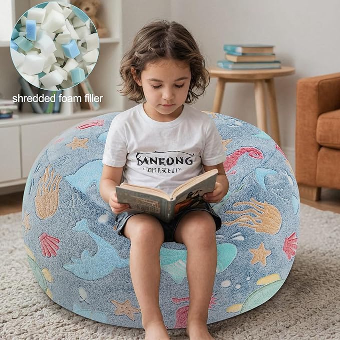 COMAX Kids Bean Bag Chair Turn into Beanbag Bed, Toddler Bean Chair for Girl Boy Sleeping, Lazy Children Bean Bags with Filler, Convertible Child Floor Mattress, Ocean Life-CubbioJoy