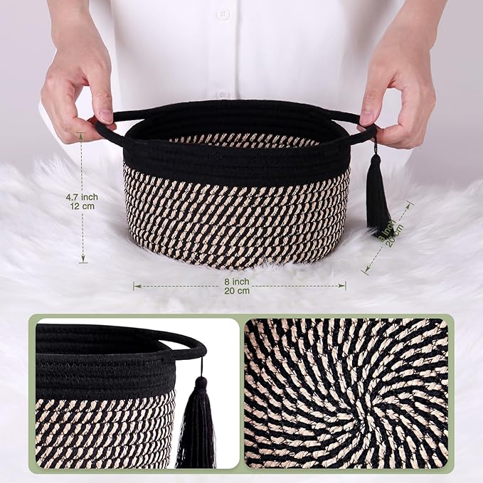 Decorative Small Gift Basket Empty – SweetMemo Cute Woven Rope Organizer Baskets for Desk, Bedside, Bathroom, Key, Round Boho Decor Cotton Bin with tassel, Gift Bag, Ribbon – Rustic Black Brown-CubbioJoy