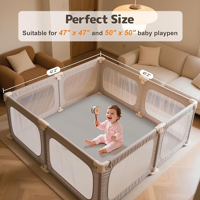 Baby Play Mat 47x47 Inches, Extra Thick 1.2" Foam Floor Mat for Tummy Time & Crawling, Waterproof Non-Slip Faux Leather Playpen Mat for Infants Toddlers, Indoor Outdoor Gym Activity, Gray-CubbioJoy