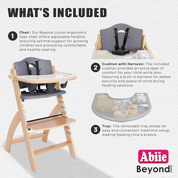Abiie Beyond Junior Wooden High Chair with Tray - Adjustable and Convertible High Chair for Babies and Toddlers - 6 Months to 250 Lb - Water Resistant - Natural Wood with Dark Grey Cushion-CubbioJoy
