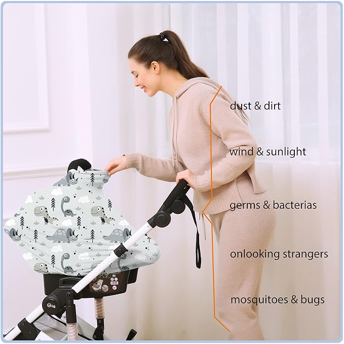 Car Seat Covers for Babies - Multi- use Nursing Carseat Canopy, Breastfeeding Covers, Baby Shower Gifts for Boys and Girls (Grey Dinosaur)-CubbioJoy