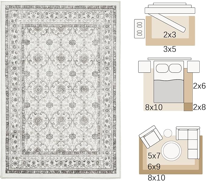 jinchan Floral 6x9 Area Rugs for Living Room - Machine Washable Vintage Distressed Boho Design Throw Rug Stain Resistant Carpet Low-Pile Thin Non-Slip for Bedroom Dining Room Nursery (6‘x9',Beige)-CubbioJoy