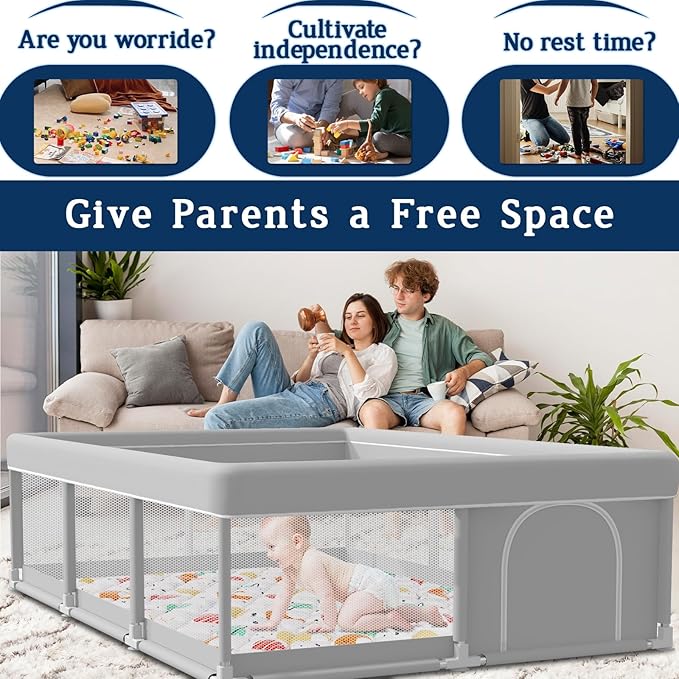 74x50 Inch Baby Playpen with Mat, Playpen with Cute Mat for Babies and Toddlers Play Pen Playards Safety Gate Fence Active Center Indoor-CubbioJoy