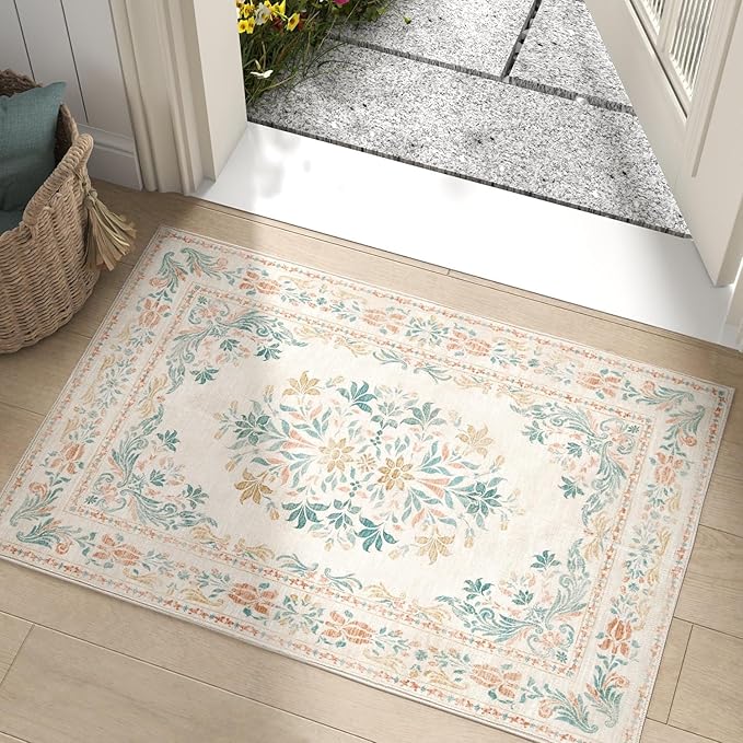 jinchan Spring Floral 2x3 Rugs for Entryway - Vintage Washable Area Rug Ultra-Thin Low Pile Soft Small Non Slip Distressed Indoor Doormat Accent for Entrance Kitchen Bedroom (2x3ft,Apricot Multi)-CubbioJoy