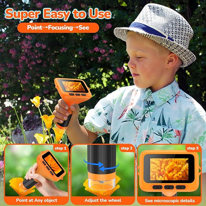 3" Screen Digital Microscope for Kids: 1000X Rechargeable Mini Pocket Portable Miniscope Magnifying Glass 4K Coin Jewelry Loupe Edu Science STEM Toy Xmas Gift 4-12 Boys Girls-CubbioJoy