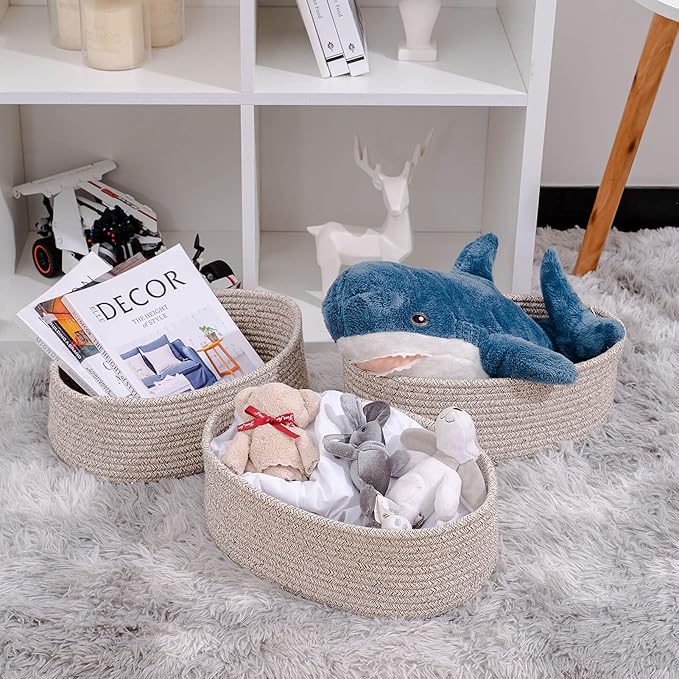 Cute Shelf Basket to Store and Organize Household Items/Baskets&Bins for Daily Storage &Organizing/Woven Rope Basket for Living Room, Playroom/Small Oval-13x8.66x5.11’’,3 Packs Light Brown-CubbioJoy