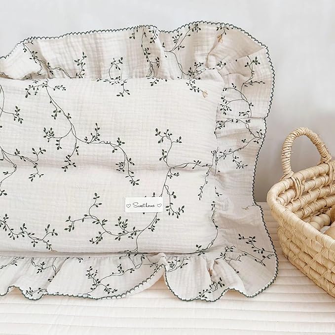 BuLuTu 100% Cotton Muslin Floral Pillowcase Standard Size Soft Breathable Gauze Cotton Kids Teens Pillow Cases 20"x26", Durable Pillow Cover, 1 Piece, Vine Pattern, Machine Wash-CubbioJoy