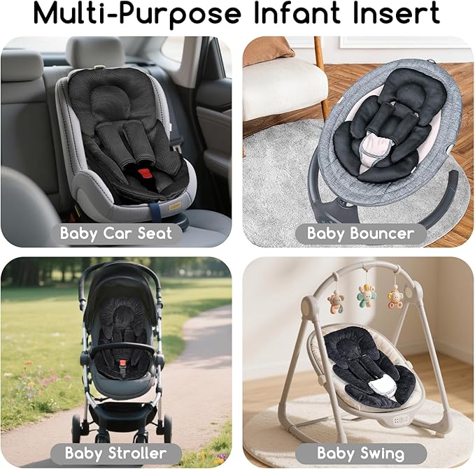 Infant Car Seat Insert for Newborn Girls Boys, Summer Mesh Baby Carseat Head Support with Strap Pads, Soft Reversible Baby Car Seat Insert Cushion Pad for Car Seat, Stroller, Bouncer, Swing, Black-CubbioJoy