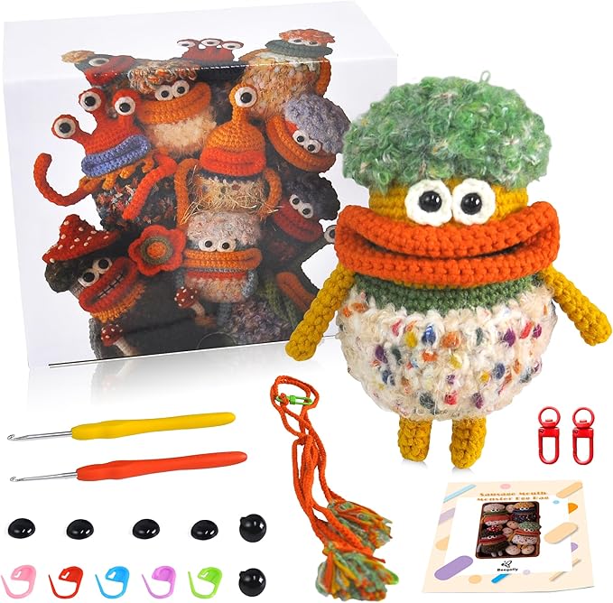 Beegofly Crochet Kits, Crochet Monsters Kit for Experienced Adults and Kids,with Step-by-Step Video Tutorials,Airpods Storage Bag,Handmade Gift,Original Sausage Mouth Monster Egg Bags (Orange)-CubbioJoy