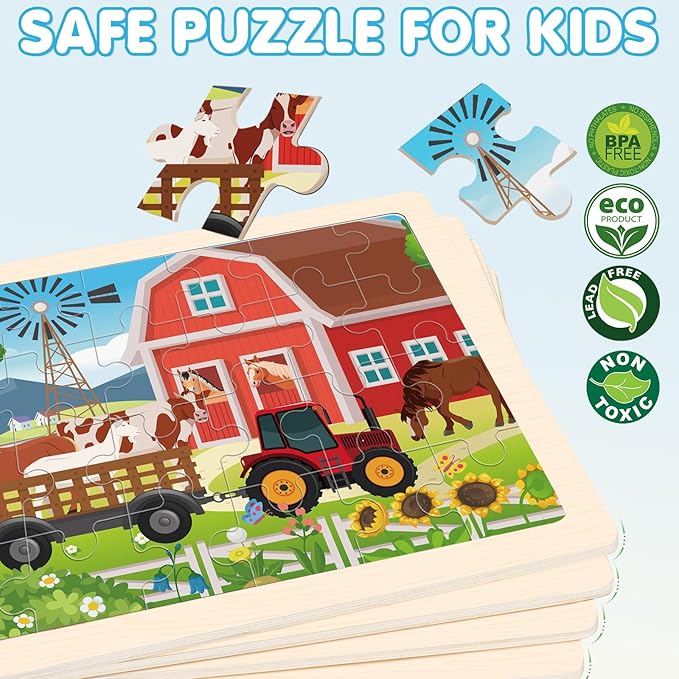 4-in-1 Farm Wooden Puzzles for Kids Ages 4-6, 24 PCS Wooden Jigsaw Puzzles for Toddlers Ages 2-4, Preschool Educational Puzzles Boards Toys Gifts for 3 4 5 6 Boys Girls-CubbioJoy