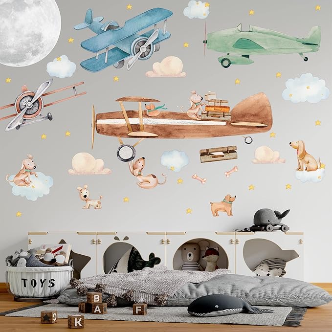 Airplane Wall Decals by Lipastick - 47-Piece Watercolor Vintage Plane Stickers for Kids, Boys Room, Baby Nursery, Toddler Bedroom Decor - Premium Vinyl Aircraft Art - XXL Size-CubbioJoy