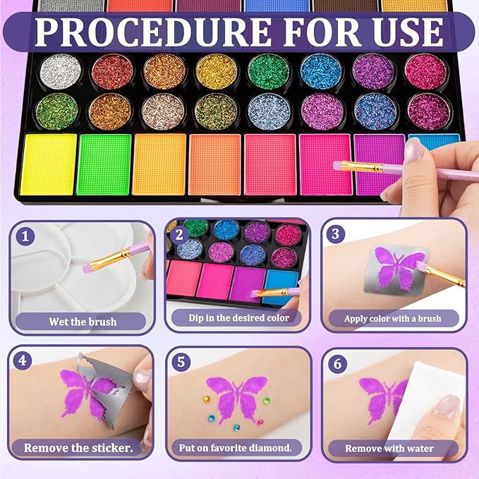 42 Colors Kids Face Painting Kit,Non Toxic Water Activated Face Paint Palette with 5 Reusable & 45 Sticky Stencils,11 Brushes,2 Gems.Ideal for Mardi Gras,Halloween,Christmas,makeup,Parties,Makeup etc.-CubbioJoy