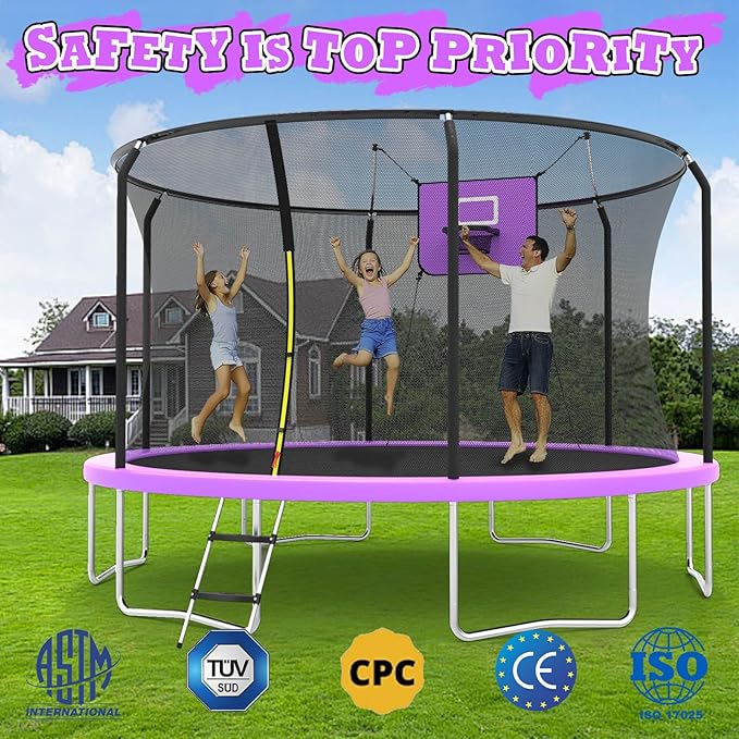 8FT 10FT 12FT 14FT Outdoor Trampoline with Basketball Hoop and LED Lights, ASTM Approved Recreational Trampolines for Kids and Adults with Net and Ladder-CubbioJoy