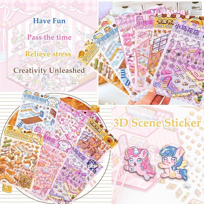 DIY 3D Sticker Scene 6 Sets of Stickers for Girls Make Your Own Mini Room Scene Stickers for Kids Cute Kawaii Sticker Therapy for Adult Relief Stress Pass The Time-CubbioJoy