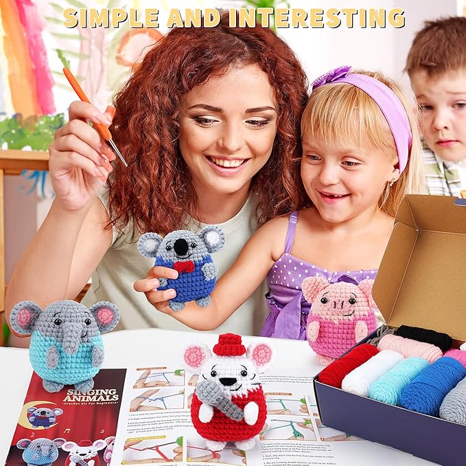 Crochet Kit for Beginners - 4 PCS Crochet Starter Kit with Step-by-Step Video Tutorials, for Adults Kids - Elephant Mouse Pig Koala Microphone Crocheting Set-CubbioJoy