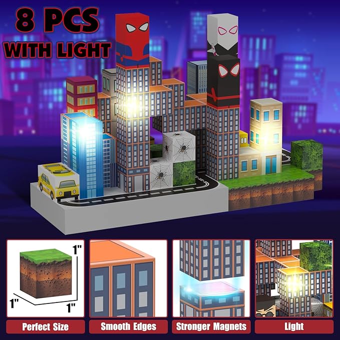 150 PCS Magnetic Blocks Building Toys Set, Spider Toys Light Up Magnetic Building Blocks for Boys Girls Ages 3+, 1 Inch Magnet Cubes STEM Sensory Construction Toy City Themes-CubbioJoy