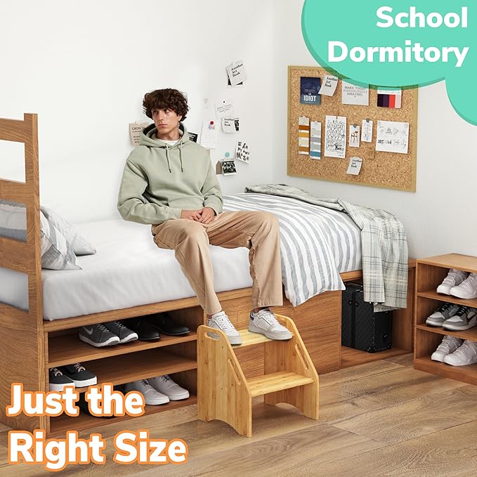 AMBIRD Wooden Step Stool, 15.75'' H Potty Training Toddler 300 lbs Capacity with Safety Non-Slip Pads and Handles, Kitchen Step Stools for Kids, Bamboo Step Stool for Bathroom, High Beds (Natural)-CubbioJoy