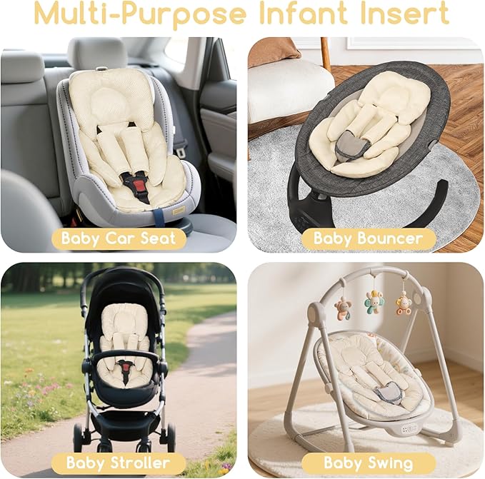 Infant Car Seat Insert for Newborn Girls Boys, Summer Mesh Baby Carseat Head Support with Strap Pads, Soft Reversible Baby Car Seat Insert Cushion Pad for Car Seat, Stroller, Bouncer, Swing, Beige-CubbioJoy