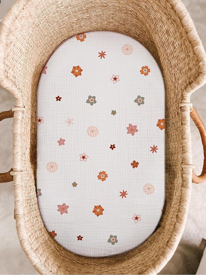 Bassinet Sheet for Baby Boy and Girl, Fitted Sheets for Rectangle, Oval, Hourglass Bassinet Mattress, Muslin Moses Basket Sheets with Neutral Style (Flower-B)-CubbioJoy