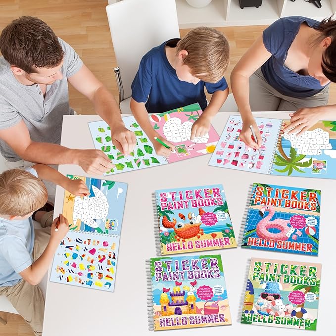 4Pcs Summer Paint by Sticker Books for Kids Ages 4-8 Hello Summer Sticker by Number Books Activity Book for Kids Age 3-5 Puzzle Book Craft Art Toddler Gift with Crab Flamingo Sand Castle 32 Pictures-CubbioJoy