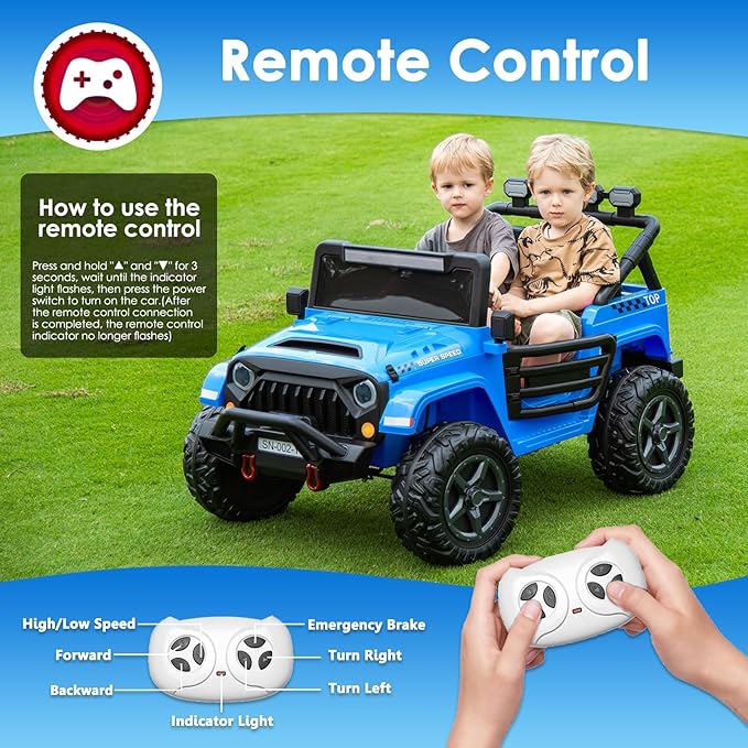 24V 2 Seater Ride On Truck with Remote Control 4WD Electric Car for Kids Ride On Car Battery Powered Ride On Toy Car with Music Player, LED Lights, Bluetooth, Rear Shock Absorber, Blue-CubbioJoy