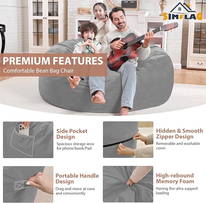 4FT Bean Bag Chair, Large Bean Bag Chairs with Memory Foam Filled, Fluffy Beanbag Sofa with Dutch Velvet Cover, Round BeanBag Chairs for Living Room, Playroom - Light Grey-CubbioJoy