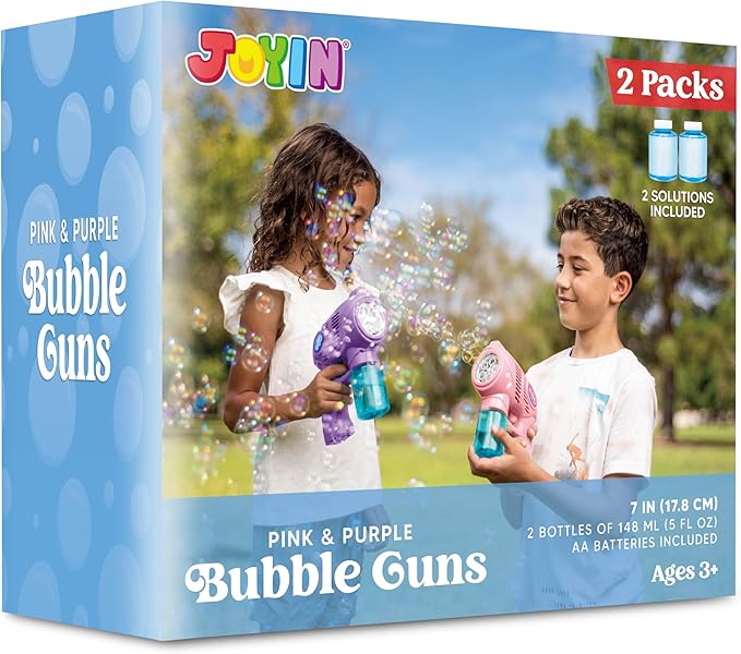 JOYIN 2 Bubble Guns with 2 Bottles Refill Solution, Bubble Machine Gun for Kids, Toddlers, Party Favors, Summer, Outdoors Activity, Wedding, Easter, Birthday Gift-CubbioJoy