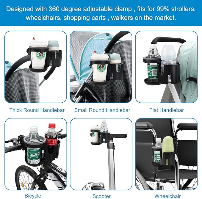 Accmor Universal Cup Holder, Stroller Cup Holder, 360° Rotatable Large Caliber Designed Bottle Holder for Stroller, Bike, Wheelchair, Walker, Scooter-CubbioJoy