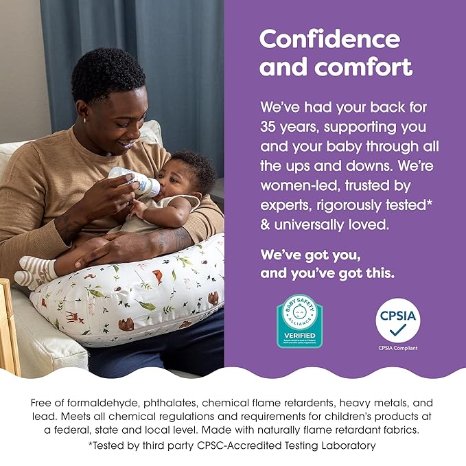Boppy Nursing Pillow - Ergonomic Bottle & Breastfeeding Pillow with High, Firm, Large Area, Water-Repellent Cushion with Washable Cover; Baby Safety Alliance Verified - Neutral Plants and Animals-CubbioJoy