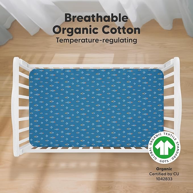 KeaBabies 2-Pack Organic Crib Sheets for Boys, Girls - 52x28 Fitted Crib Mattress Sheet Neutral, Breathable Jersey Cotton Cover for Baby Bed, Toddler Mattress, Soft & Cute Prints (Space Quest)-CubbioJoy