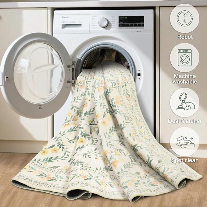 6x9 Area Rugs for Living Room: Floral Washable Rug Vintage Large Soft Boho Non-Slip Carpet Indoor Stain Resistant Thin Carpets for Bedroom Dining Room Farmhouse Nursery Hallway Home Office Beige/Multi-CubbioJoy