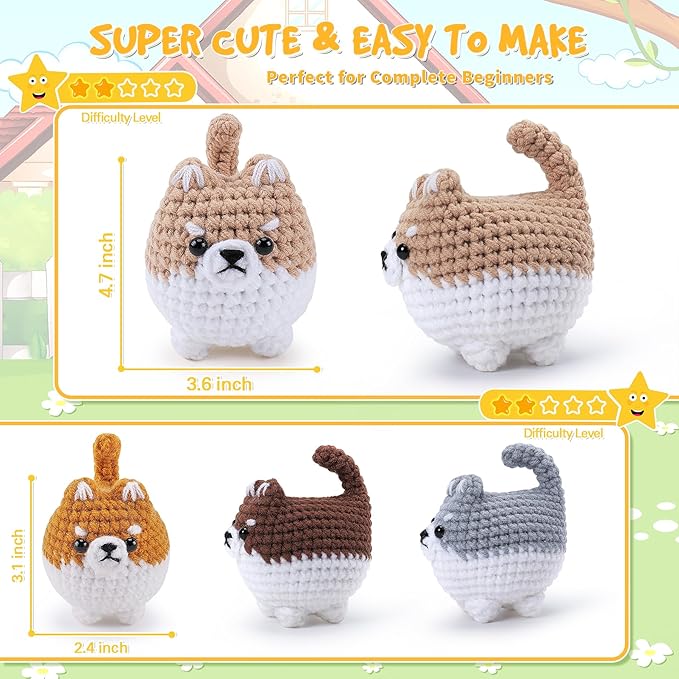 Crochet Kit for Beginners- 4 PCS Fat Shiba Inu Crochet Kits for Adults, 4PCS Corgi Dog Crochet Animal Kit with Step-by-Step Video Tutorials, Yarn, Crochet Hook, Instructions DIY Knitting Kit-CubbioJoy